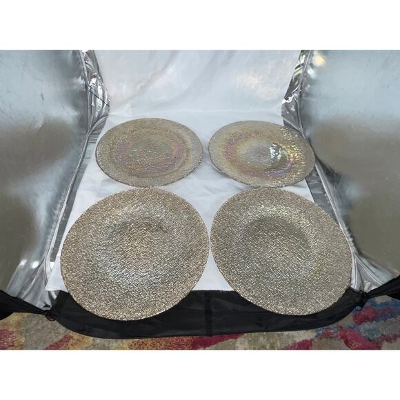 NEW AKCAM TURKISH GLASS GOLD RAINBOW IRIDESCENT DINNER PLATE SET/4 - Picture 1 of 15